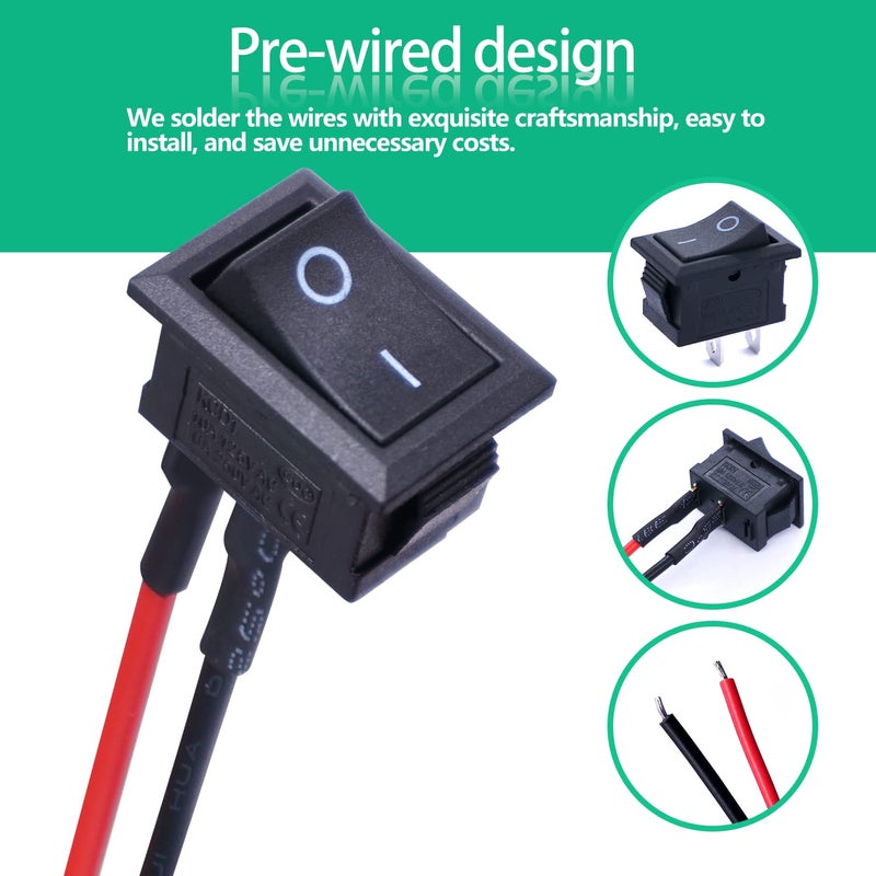 Twidec/10Pcs Rocker Switch AC 6A/250V 10A/125V SPST 2 Pins 2 Position ON/Off Car Boat Square Black Rocker Switch Toggle with Pre-soldered Wires KCD1-X-F - Image 2